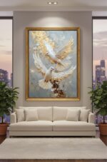 Quadro Animais Pombos Branco com Dourado