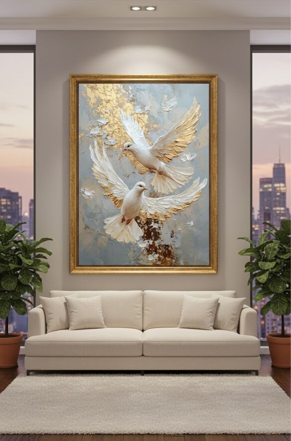 Pombos Branco com Dourado 2 Quadro Animais Pombos Branco com Dourado - Imagem 1