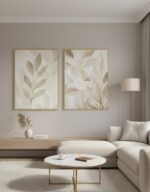 Kit Quadro Natureza Autoral Folhas Abstrato Tons Dourado