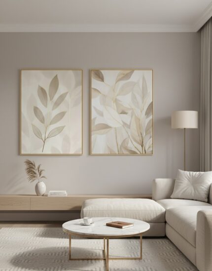 Kit Quadro Natureza Autoral Folhas Abstrato Tons Dourado