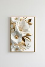 Kit 3 Quadro Natureza Flor branca, Folhas e Haste Dourada - Imagem 6