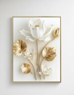Kit 3 Quadro Natureza Flor branca, Folhas e Haste Dourada - Imagem 4