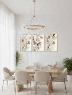 Kit 3 Quadro Natureza Flor branca, Folhas e Haste Dourada