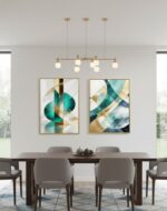 KIT 2 Quadro Lançamentos Abstrato Geométrico Verde e Dourado