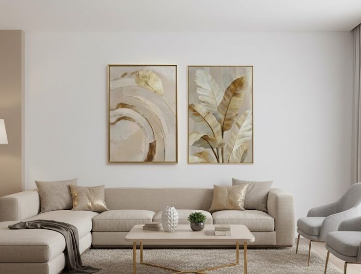 KIT 2 Quadro Folhas e Abstrato Dourado KIT 2 Quadro Folhas e Abstrato Dourado - Imagem 1