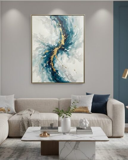 Quadro Lançamentos Abstrato Turbilhão Cloud Dancer com Verdade e Dourado