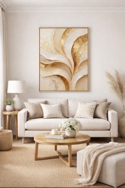 Quadro Lançamentos Abstrata Fluida Creme Dourado