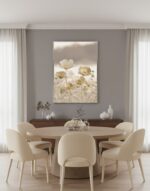 Quadro Lançamento Natureza Flores Creme, Bege Claro e Dourado Cintilante