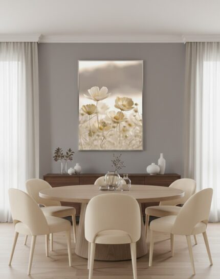 Quadro Lançamento Natureza Flores Creme, Bege Claro e Dourado Cintilante