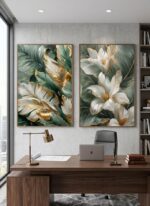 Quadro Natureza Folhas Verdes com Detalhes em Dourado