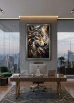 Quadro Animais Lobo, Preto com Dourado