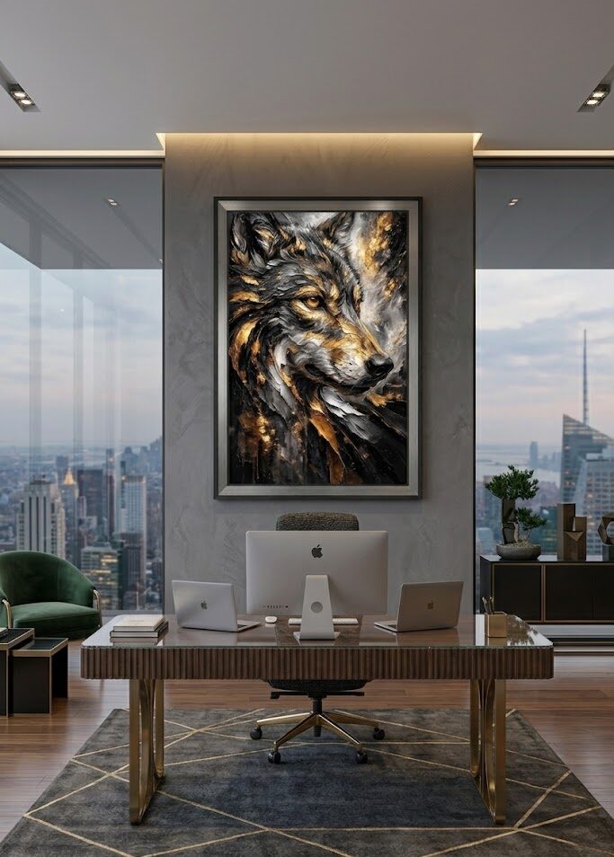 f98bdbe3-d851-40f9-bcf1-1cb68a9ce286 Quadro Animais Lobo, Preto com Dourado - Imagem 1