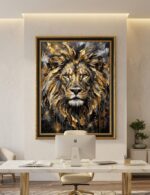 Quadro Animais Leão, Preto com Dourado